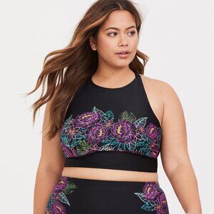 Torrid Black Tropic Floral High Neck Sports Bra Wireless Bikini Swim Suit Top 3